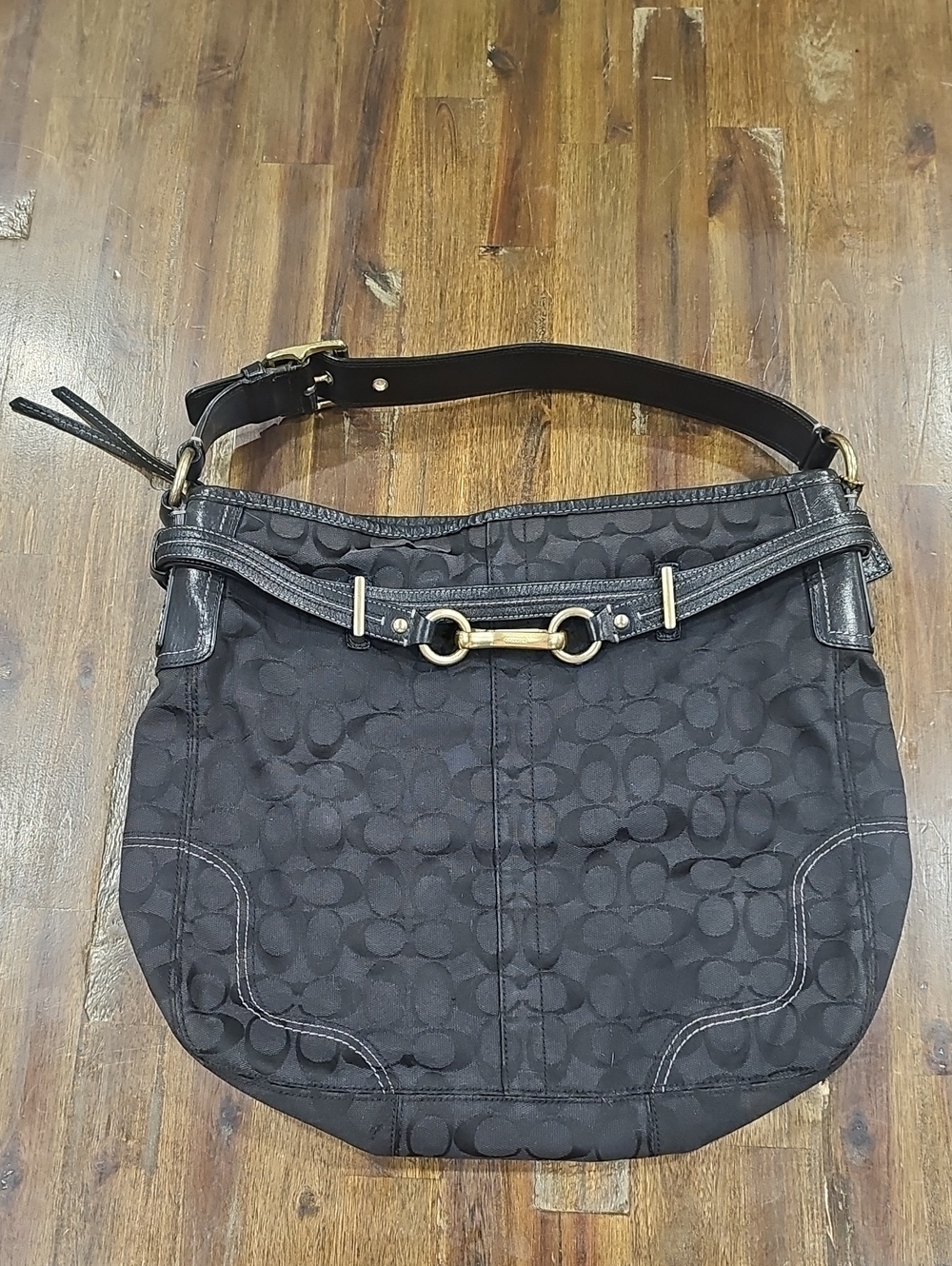 Coach Black Signature Jacquard Hamptons Hobo Shoulder Bag
